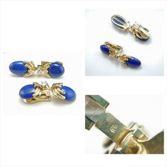 three pictures of different types of blue and gold colored beads with metal clips attached to them