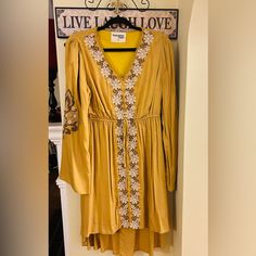 Savanna Jane; Medium; Never Worn; Mustard Yellow; Floral; Fits Big; Flowing Sleeves; Longer Back Than Front; Super Cute! Can Be Dressed Up Or Down! Can Be Worn In Winter Or Summer! Flowing Sleeves, Floral Embroidery Dress, Embroidered Dress Boho, Yellow Floral Dress, Blue Striped Dress, Striped Sleeveless Dress, Jane Dress, Paisley Dress, Flowy Dress