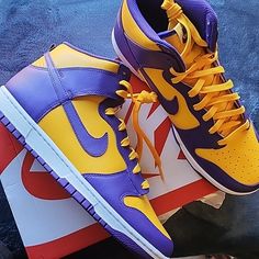 New Nike Dunk High 11.5 Lakers Colors Court Purple Violet Court Yellow Sneakers With Round Toe And Laces, Yellow Sneakers With Laces And Round Toe, Nike Mustard Round Toe Sneakers, Nike Yellow Sneakers With Boost Midsole, Custom Yellow Leather Sneakers, Nike Yellow Mid-top Basketball Shoes, Yellow High-top Custom Sneakers With Boost Midsole, Yellow Mid-top Basketball Shoes With Boost Midsole, Mustard Custom Sneakers For Sports With Round Toe