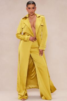 Available In Chocolate, Chartreuse, And Hot Pink. Satin Trench Long Sleeve Tie Waist Lined Wide Leg Pant Hidden Back Zipper Non Stretch Shell: 100% Polyester Lining: 95% Polyester 5% Spandex Imported | Gabriella Satin Trench Coat And Pant Set in Chartreuse size 2X by Fashion Nova Chartreuse Fashion, Satin Trench Coat, Satin Pant, Satin Coat, Pant Suits For Women, Trousers Women Wide Leg, Pant Suits, Pant Set For Women, Satin Pants