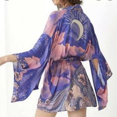 Brand New Lowest Price On Posh Limited Quantities - 1 Of Each Size Stocked Unbranded But Similar To Spell & Free People Rayon Smoke Free Home Gorgeous Celestial Themed Short Kimono / Robe / Wrap / Coverup Check Out My Closet For Outfits Perfect For: Beach Beachy Birthday Blogger Boho Bohemian Bridal Caftan Chic Christmas Classic Contemporary Coachella Coat Cottagecore Cover Up Coverup Cruise Date Night Dress Festival Flirty Floral Genz Hippie Hippy Holiday Influencer Jacket Kaftan Kimono Lounge Goddess Luna, Short Kimono Robe, Chic Cardigan, Spell Designs, Exaggerated Sleeves, Fabric Scarf, Moon Pattern, Long Kimono, Date Night Dresses