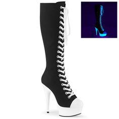 6" High Heel, 1 3/4" Platform Lace Up Knee High Canvas Sneaker Boots. Uv Blacklight Reactive Bottom, Outsole And Toplift. Back Zipper Closure. Styles: Party Dancer Clubbing Dance Gogo Iled-2000sk-02 Pleaser Boots, Knee High Sneakers, White Platforms, Sneaker High Heels, Platforms Shoes, Pole Dance Shoes, Alternative Shoes, High Heel Stiefel, Festival Shoes