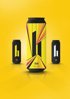 a can of beer on a yellow background with two black cans and one is half empty