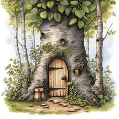 an illustration of a tree with a door in the trunk and leaves surrounding it, surrounded by other trees