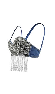 A fun, sassy top for young trendsetters! Blue denim crop top adorned with playful rhinestone tassels. Perfect for adding a bit of sparkle to your wardrobe! Gentle Dry Clean Only Colour may vary due to lighting on images. The product images (without model) are closest to the true colour of the product.Item runs true to size chart and is cut to suit our size chart. Please refer to our size chart for the best fit. Do not size up or down. Party Denim Crop Top, Denim Crop Top For Party, Spring Party Denim Crop Top, Trendy Denim Blue Top For Party, Denim Blue Summer Party Top, Trendy Denim Party Tops, Denim Blue Tops For Summer Party, Trendy Blue Denim Top For Party, Trendy Denim Tops For Party