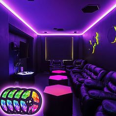 the room is lit up with neon lights and black leather couches in front of it