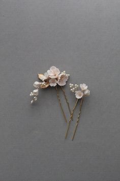 Floral Wedding Hair Pins | BLUSH   Created in our studio are these delicate ivory flowers crafted from clay porcelain hand tinted with pigment of rose blush tipped and shaded and carefully arranged as petite posies with soft subtle pearl sprays and matching flower buds, as if collected from the garden  We have designed the this set of hair pins to suit a range of hairstyles  Place them in a group or place them randomly for an effortless bridal look  DETAILS * Handmade in our Australian design st Floral Bridal Hair, Crystal Bridal Headpiece, Hair Pins Wedding, Floral Wedding Hair, Wedding Hairpiece, Floral Hair Pins, Blush Bridal, Wedding Hair Inspiration, Bridal Hair Vine