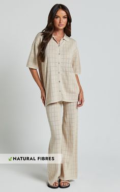 Tommy Two Piece Set - Knit Button Through Top and Pants Two Piece Set in Sand Casual Loungewear Sets With Button Closure, Chic Loungewear Sets With Button-up, Cozy Beige Loungewear Sets, Casual Beige Loungewear Sets, Beige Casual Loungewear Sets, Casual Beige Lounge Sets, Top Pants Set, Night Wear, Matching Pants