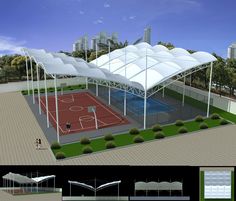 an artist's rendering of a tennis court with several pavilions on each side