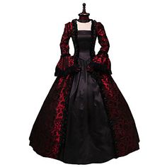 Victorian Rococo Costume Dress Black/Red Vintage Cosplay Flocked Long Sleeves Flare Sleeve Fairy Long Dress, Witch Wedding, Masquerade Ball Gown, Long Fitted Dresses, Period Dress, Prom Long, Wedding Costumes, Medieval Dress, Vestidos Vintage