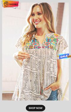 Beige Geometric Embroidered Spotted Print Tassel V Neck Blouse Summer V-neck Top With Geometric Embroidery, V-neck Blouse With Multicolor Embroidery For Vacation, Multicolor Embroidered Printed Summer Blouse, Summer Blouse With Multicolor Embroidery And Print, Summer Printed Blouse With Multicolor Embroidery, Summer Blouse With Multicolor Embroidery And Printed Details, Bohemian Multicolor Embroidered V-neck Top, Summer Geometric Embroidery Tunic Top, Bohemian Tops With Geometric Embroidery For Vacation