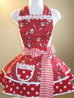 a red and white apron with polka dots on it