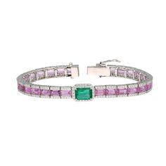 18k Gold Emerald Diamond Bracelet, White Gold Diamond Pink Sapphire Bangle Bracelet, Solid Gold Women Bracelet For Wedding Anniversary Gift STONE DETAILS : ❋ Stone : Emerald, Pink Sapphire & Diamond  ❋ Stone Size : 3x5 MM / 6x8 MM Approx. (± 0.20 MM) ❋ Stone Shape : Octagon Cut ❋ Stone Color : As Shown In Picture ❋ Stone Weight : 10.97 Cts. Approx. ❋ Stone Type : Natural ❋ Diamond Weight : 1.53 Cts. Approx. ❋ Diamond Quality : FG-SI ❋ Diamond Type : Natural METAL DETAILS : ❋ Metal Purity : Solid Gold Women Bracelet, Bracelet For Wedding, Sapphire Bangle, Bracelet White Gold, White Gold Bracelet, Women Bracelet, Wedding Jewelry Bracelets, Wedding Anniversary Gift, Emerald Diamond