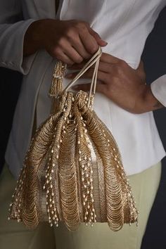 Shop for Lovetobag Ruched Embellished Potli With Handle Online at Aza Fashions Potli Bag, Potli Bags, Embroidered Bag, Purse Patterns, Beaded Fringe, Drawstring Pouch, Buy Gold, Fabric Bags, Crochet Purses