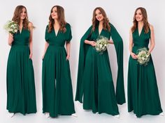 the bridesmaids are wearing green dresses and holding bouquets in their hands while posing for pictures