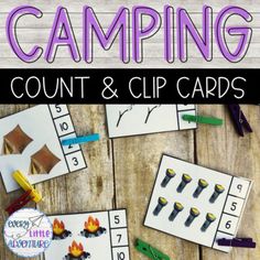 camping counting and clip cards with the words count and clip cards on top of them