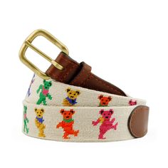 Show off your favorite things in life with our iconic needlepoint belts! As elegant as they are casual, our belts are the perfect accessory to help you stand out from the crowd. Our 100% hand-stitched belt measures 1.25" in width and is lined with full grain, Italian leather and is finished with a solid brass buckle. Each belt is packaged in a handmade wooden gift box. Traditional Belt, Needlepoint Belt, Cooler Gift, Grateful Dead Dancing Bears, Donut Pattern, Rowing Blazers, Needlepoint Belts, Dancing Bears, Childrens Hats