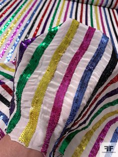 Bring the party with this multicolor and white rainbow striped sequins on silk crepe de chine designer fashion fabric. SKU: 12303 Content: 100% Silk Color: Multicolor / White Width: 44 inches White Rainbow, Red Sequin, Silk Crepe, White Satin, Rainbow Stripes, Fashion Fabric, White Fabrics, Sewing Fabric, Fabric By The Yard