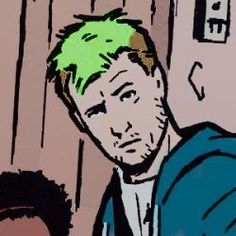 a drawing of a man with green hair in front of a door and another person behind him