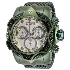 This impressive Invicta Reserve watch features a precise Quartz movement as well as a 0.05 carats of real diamonds, all in a solid light green case. Its antique silver, light green, metal dial is enclosed by a highly protective Flame Fusion Crystal. This watch is finished by a strong light green, band, and it offers 1000 m water resistance. The exceptional taste and distinguished palette of the connoisseur will discover timeless pleasure within the Invicta Reserve collection. Specially developed Formal Green Chronograph Analog Watch, Green Chronograph Watches For Formal Occasions, Formal Green Analog Chronograph Watch, Formal Green Chronograph Watch, Elegant Green Chronograph Watch For Formal Occasions, Elegant Green Chronograph Watch For Formal Events, Luxury Green Watch With Metal Dial, Elegant Green Watch With Metal Dial, Green Watches With Skeleton Dial