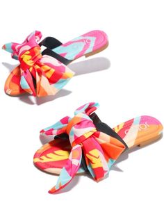 Make heads turn in these super Hot multi colored print and scarf detail sandals. Can be paired with basically anything in your closet. Fun Vacation Slides, Fun Synthetic Sandals For Beach Season, Vacation Sandals With Floral Print, Synthetic Sandals With Floral Print For Vacation, Synthetic Floral Print Sandals For Vacation, Floral Print Synthetic Sandals For Vacation, Fun Summer Open Toe Flip Flops, Trendy Beach Sandals For Day Out, Fun Open Toe Beach Sandals