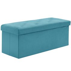 a large blue storage bench on a white background