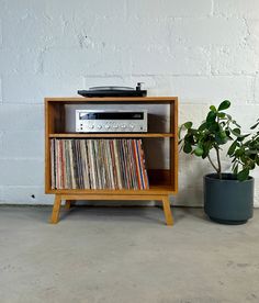 a record player sitting on top of a wooden shelf next to a potted plant