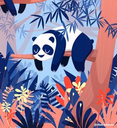 a panda bear is hanging from a tree in the jungle with leaves and flowers around it