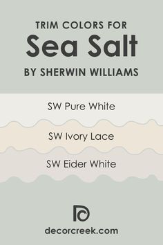 Best Trim Colors for Sea Salt SW 6204    by Sherwin Williams Best Trim Colors, Eucalyptus Kitchen, Sea Salt Kitchen, Sw Sea Salt, Eider White, Sea Salt Sherwin Williams, Dutch Tiles, Trim Colors, House Color Palettes