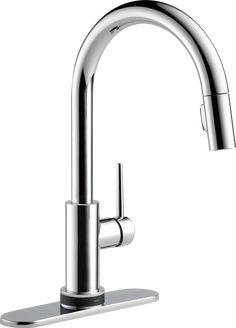 a chrome sink faucet with the handle extended