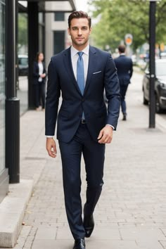 Mens Navy Blue Suit Wedding, Blue Suit Tie Combinations, Business Outfit Men, Blue Suit For Men, Blue Suit Outfit, Navy Blue Suit Men, Casual Attire For Men, Tucked In Shirt, Male Type