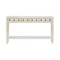 a white console table with three drawers