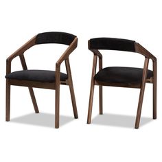 two wooden chairs with black upholstered seat covers on each one and the other side