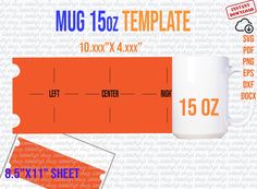 mug 15oz template with the measurements for each item in front of it and an orange background