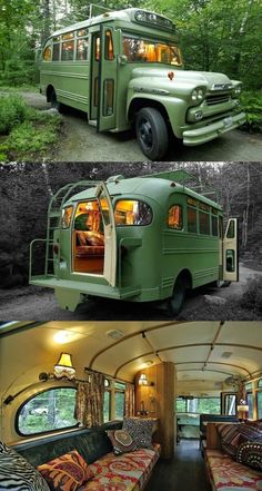 an old bus is converted into a camper with a bed and couches in it