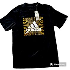 Black Adidas Tshirt Men’s Small Nwt Gorgeous Gold Picture, Adidas Logo On Sleeve Black Branded Sports T-shirt, Black Adidas T-shirt With Logo, Adidas Logo Black T-shirt For Streetwear, Black Adidas Logo T-shirt For Streetwear, Adidas Black T-shirt With Letter Print, Adidas Sports Shirt With Graphic Print, Adidas Black T-shirt With Logo, Adidas Black Crew Neck Shirt, Adidas Black T-shirt For Sports