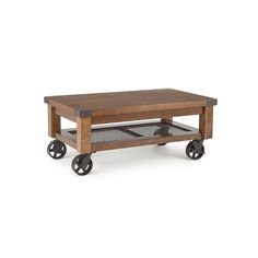 a wooden coffee table with wheels on it