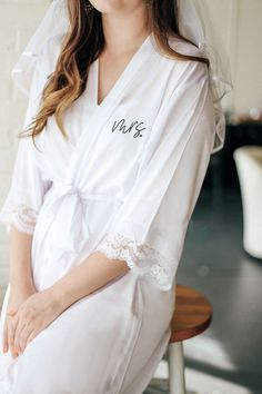 Cute "mrs" robe for the bride to be to get ready in on her wedding day. Elegant Satin Robe For Honeymoon, Satin Robe With Lace Trim For Wedding Night, Bridal Robe Getting Ready Satin, White Satin Bridal Shower Robe, Cream Lace Trim Wedding Robe, Curated Wedding, Bride Gift, Perfect Palette, Bride To Be