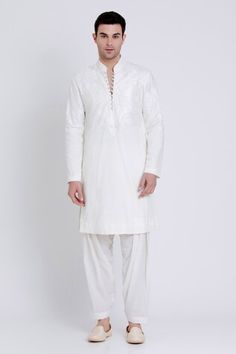 Ivory embroidered linen kurta featuring geometric pattern silk resham detailing. Paired with draped pant. - Aza Fashions Traditional Linen Kurta With Resham Embroidery, White Linen Kurta With Resham Embroidery, Traditional Embroidered Linen Wear, Embroidered Linen Traditional Wear, Traditional Linen Kurta For Eid, Traditional Linen Wear For Eid, Festive Linen Traditional Wear, Festive Traditional Linen Wear, Elegant White Linen Kurta