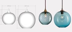 three different colored glass pendants hanging from a ceiling fixture with measurements for each one