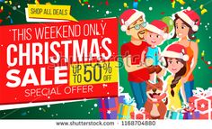 christmas sale banner with family in santa hats and presents on green background, epst