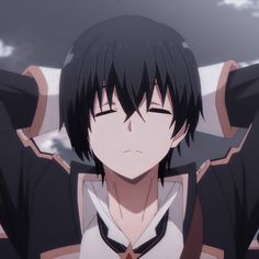 an anime character with black hair wearing a white shirt and tie, standing in front of clouds