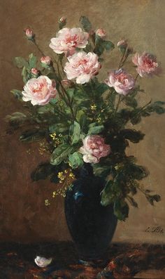 a painting of pink roses in a black vase