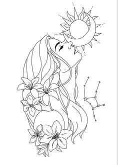 a black and white drawing of a girl with flowers in her hair, the sun behind her head