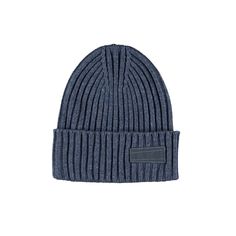 Denim blue cable knit hat in a wool blend with a roll up edge. It has Molo's logo on the front. Casual Wool Soft Knit Hats, Casual Soft Knit Wool Hats, Navy Casual Winter Hats, Navy Casual Beanie Hat, Blue Wool Knitted Beanie, Blue Hats For Outdoor Fall Activities, Navy Cotton Winter Hat, Navy Wool Casual Hat, Winter Navy Cotton Hat