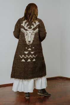 Dearest Deer is unique handmade warm long wool designer coat with deer print Characteristics: Material: 100 % wool linen (Lining) Technique: weaving Cut: straight with double breasted coat Color: brown Size: S length sleeve - 67cm (26 inch) shoulders - 40 cm (16 inch) length - 112cm (44 inch) Hem - 126 cm (50 inch) (If you haven`t found your size, we will make coat for your measurements) Manufacturing: 14 days Threads are spun via manual spindle, manufactures are woven on 18th century sample of White Deer, Boho Jacket, Long Wool Coat, White Wings, Deer Print, Womens Jackets, Coat Design, Double Breasted Coat, Woven Blanket