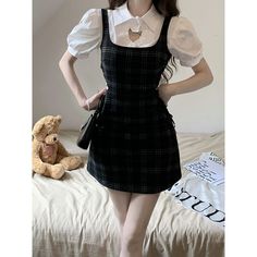 Kawaii Love Heart Hollow Out T-shirt Side Lace Up Plaid Dress ON15 Strap Dress Summer, Plaid Party, Puff Sleeve Shirt, Plaid Sleeve, High Road, Party Suits, Suspender Skirt, Sweet Love, Suspender Dress