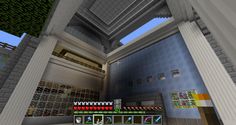 the inside of a large building with columns and pictures on the wall, in minecraft