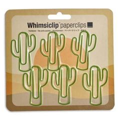 three green cactus shaped paper clips in front of a package of four different sized ones