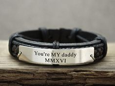 Custom Mens Leather Bracelet, Personalized Dad Bracelet, Roman Numeral Daddy Bracelet, Engraved Leather Bracelets, Dad Bracelet, Roman Numerals Dates, Coordinates Bracelet, Bracelet Quotes, Latitude Longitude, Large Bracelet, Engraved Bracelet